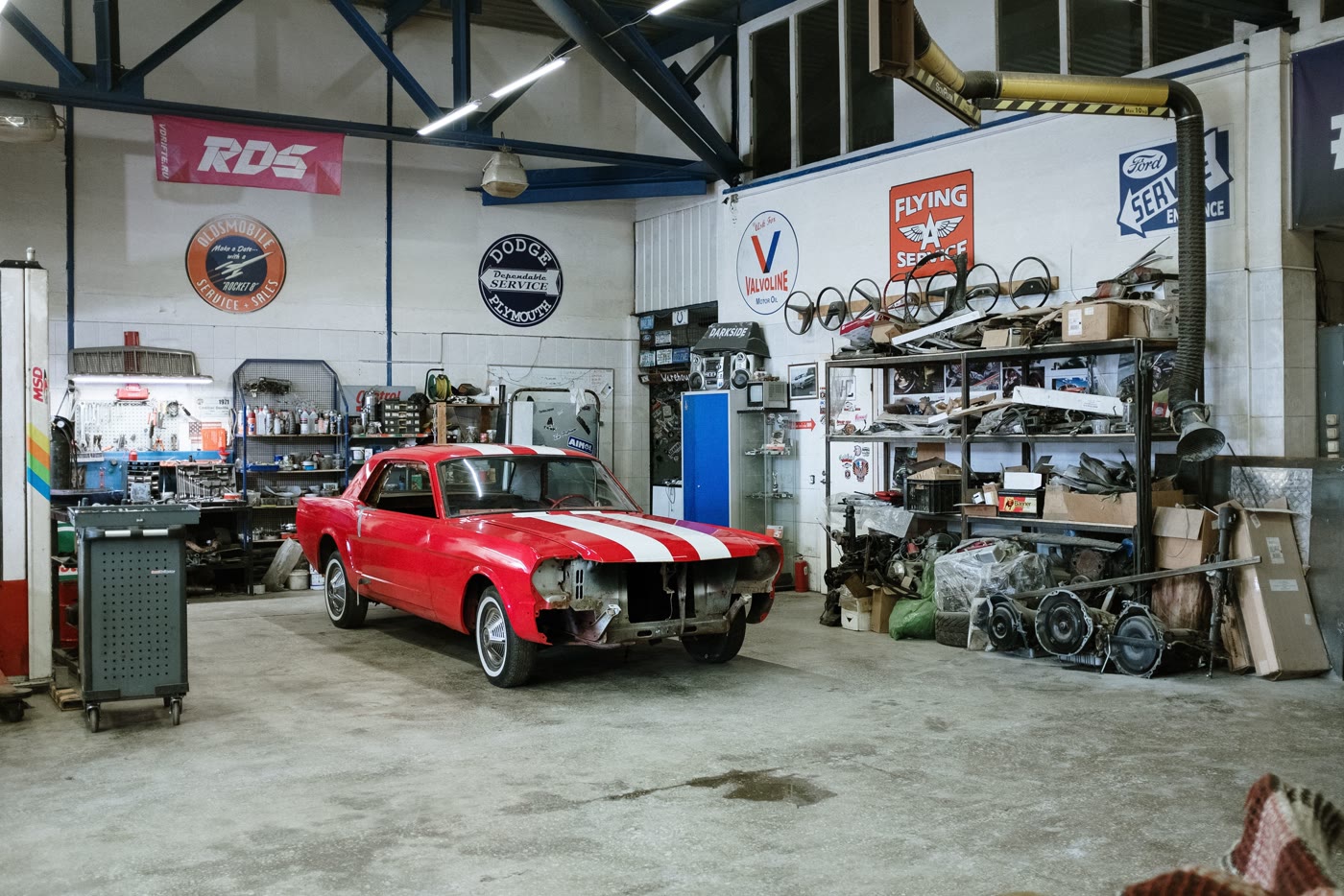 A classic in the shop being prepared for sale